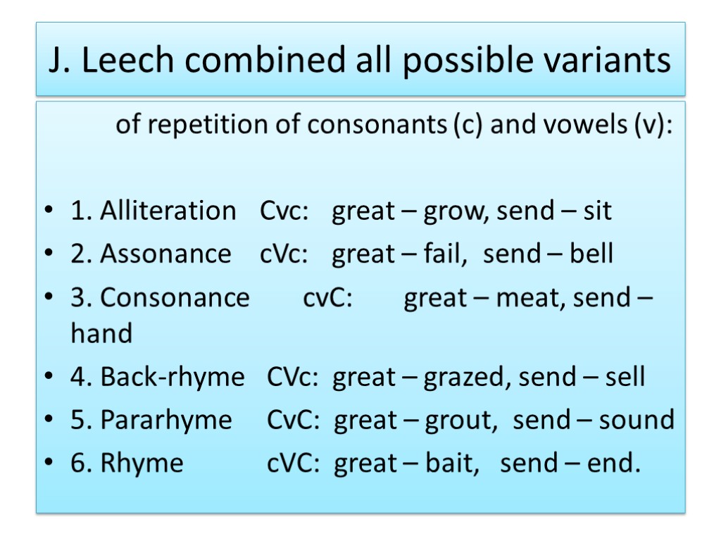 J. Leech combined all possible variants of repetition of consonants (c) and vowels (v):